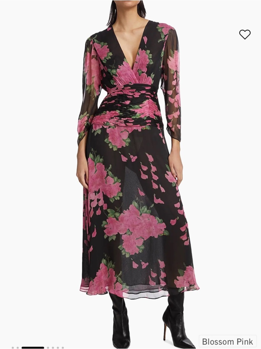 RIXO Black Midi Dress with Pink Blossom Print and Green Accents